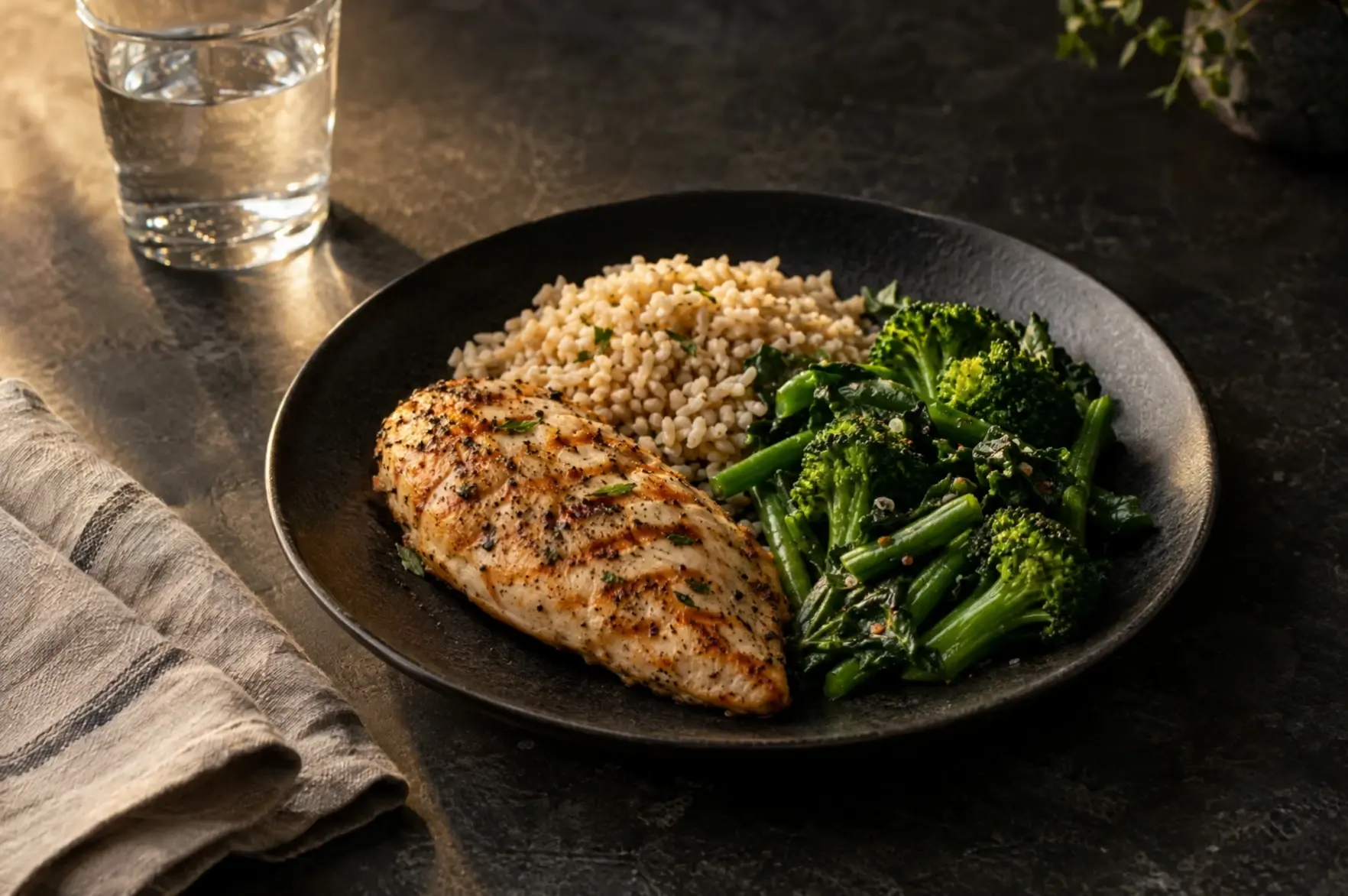 A plate of chicken, rice and green vegetables in warm light.