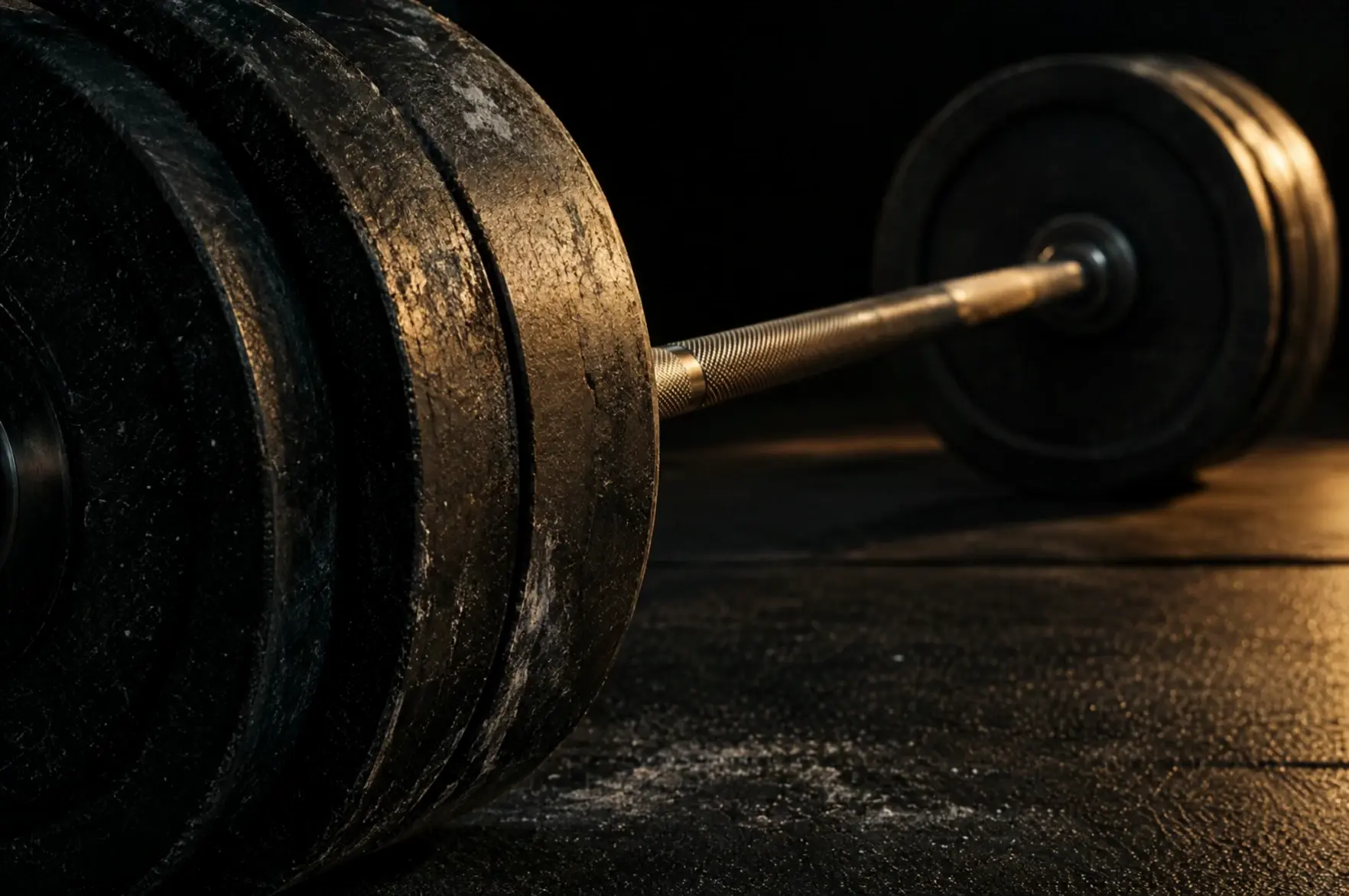 Close-up of a barbell and weight plates in warm light.