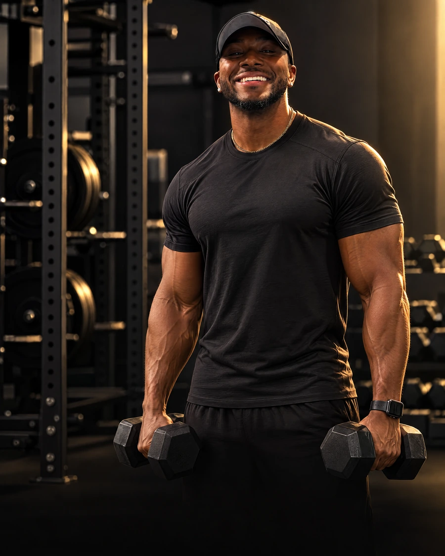 Editorial portrait of Rob with dumbbells in a dark gym.