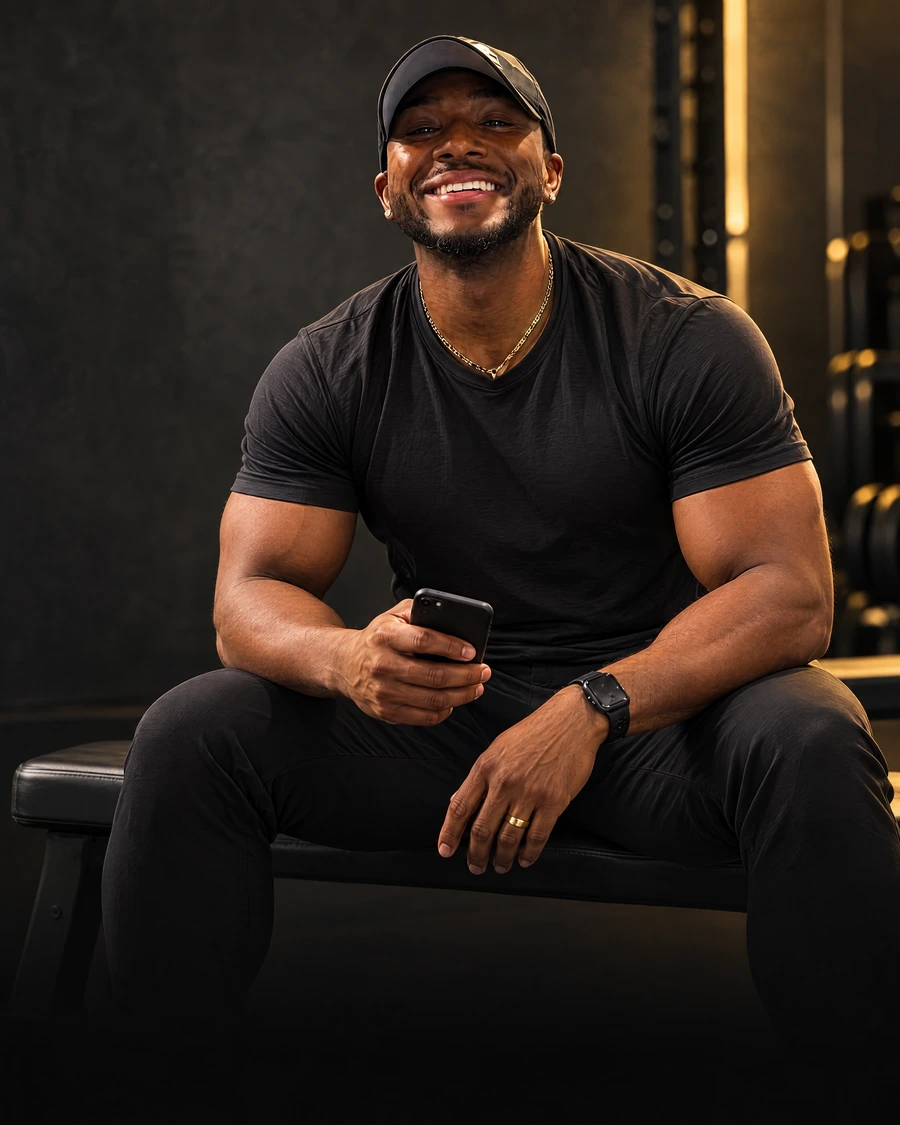 Editorial portrait of Rob seated on a gym bench with his training phone.